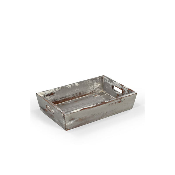 Wooden tray with handles on a white background in a grey distressed paint