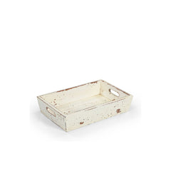 Wooden tray with a rustic finish on a white background