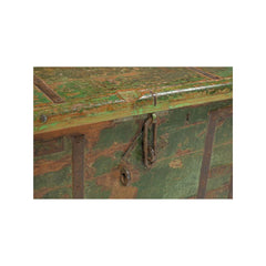 Vintage wood trunk painted in green distressed with metal casings & and a lockable latch, showing the detail of the latch.