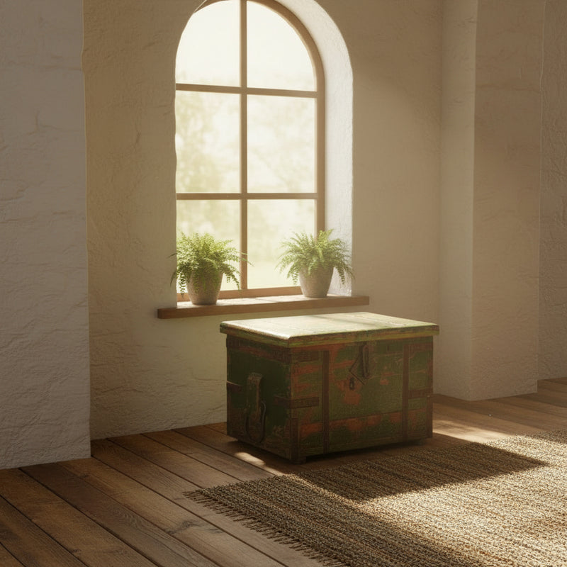 A vintage rectangular wooden trunk with a distressed green and brown patina, featuring metal latches and straps, set in an entrance