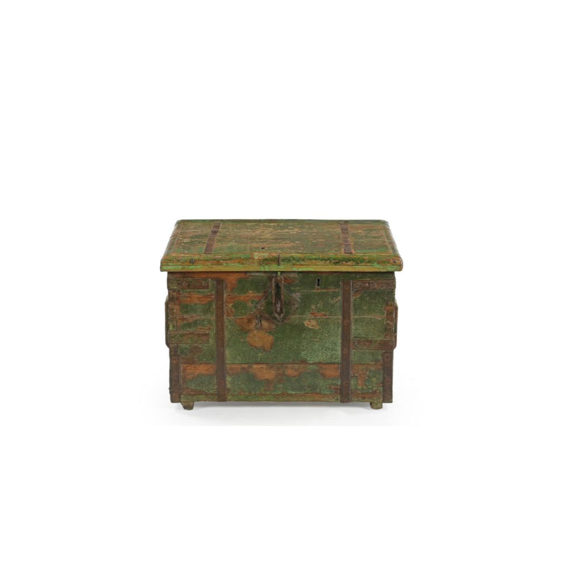 Vintage wood trunk painted in green distressed with metal casings & and a lockable latch, showing the front view