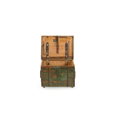 Vintage wood trunk painted in green distressed with metal casings & and a lockable latch, showing the top open which have a peach distressed paint and 2 large hinges.