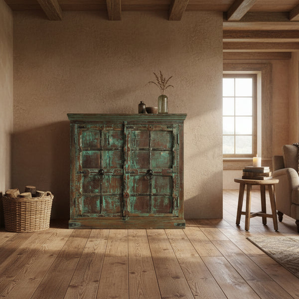 Vintage-style wooden cabinet with green and brown patina in a rustic style living room