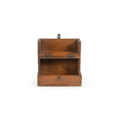 Vintage teak wood box with a lockable latch showing the top open. The opening top is halfway top, halfway front making it unusual.