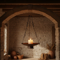 hanging metal tray with a candle in a rustic interior