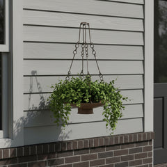 hanging tray outside a house with a plant on it