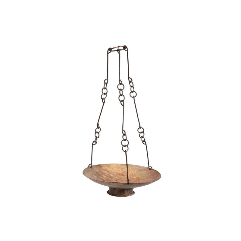 vintage metal tray hanging with 3 chains on a white background