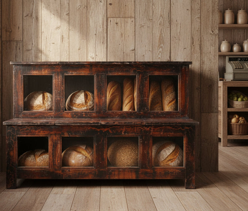 Vintage wooden & glass display cabinet with a dark brown finish in a food shop with bread inside