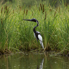recycled metal heron with white wings on a setting of a pond with green grass