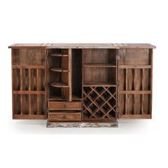 Wood home bar with brass castings front view all open with distressed grey paint sowing all compartments for glasses, bottles & 2 drawers in natural wood.