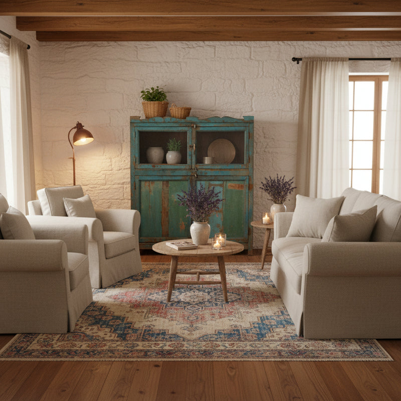 Vintage-style wooden cabinet with peeling blue paint & glass doors in a living room