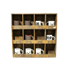 Wood wall rack with 12 compartments with label holder for each compartent