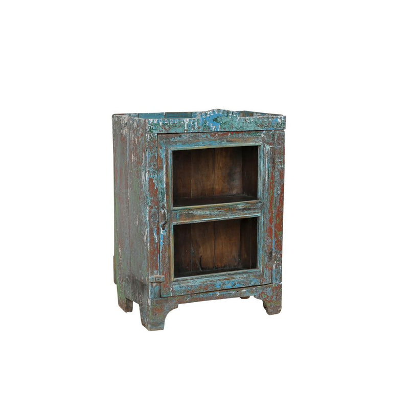 Vintage-style wooden & glass door cabinet with peeling blue paint on a white background