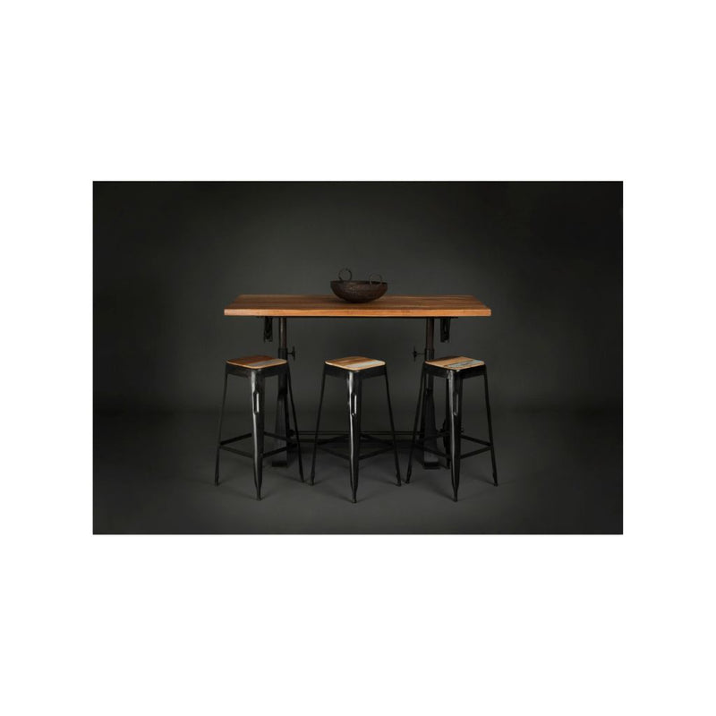 Adjustable High Dining Table reclaimed wood top with cast iron architecture base + 3 metal & wood bar stools