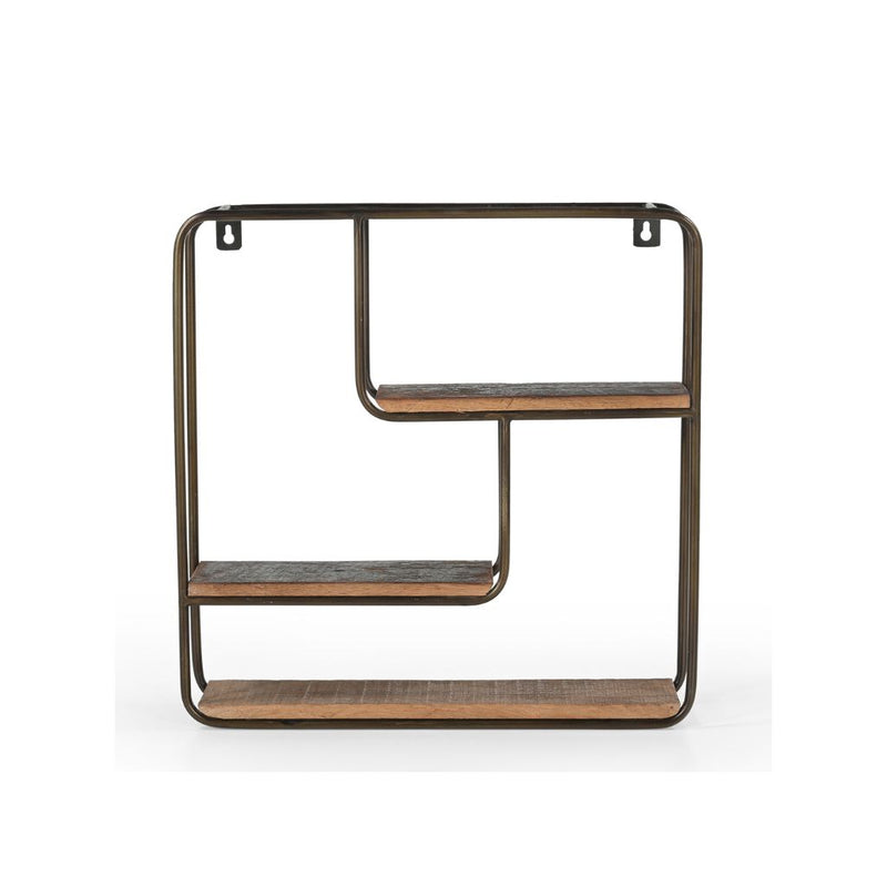 Small hanging shelving unit made of tubular metal frame with 2 half reclaimed wood shelves & one full shelf at the bottom. Showing the back.