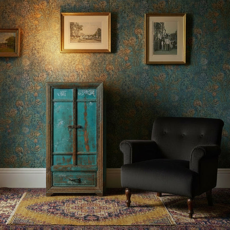 Vintage-style room with a blue cabinet, armchair, and framed pictures on a patterned wall.