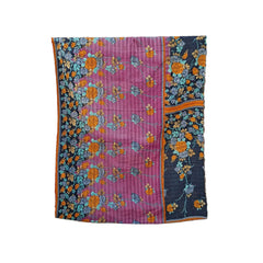 kantha throw with a floral design of blue, purple and orange