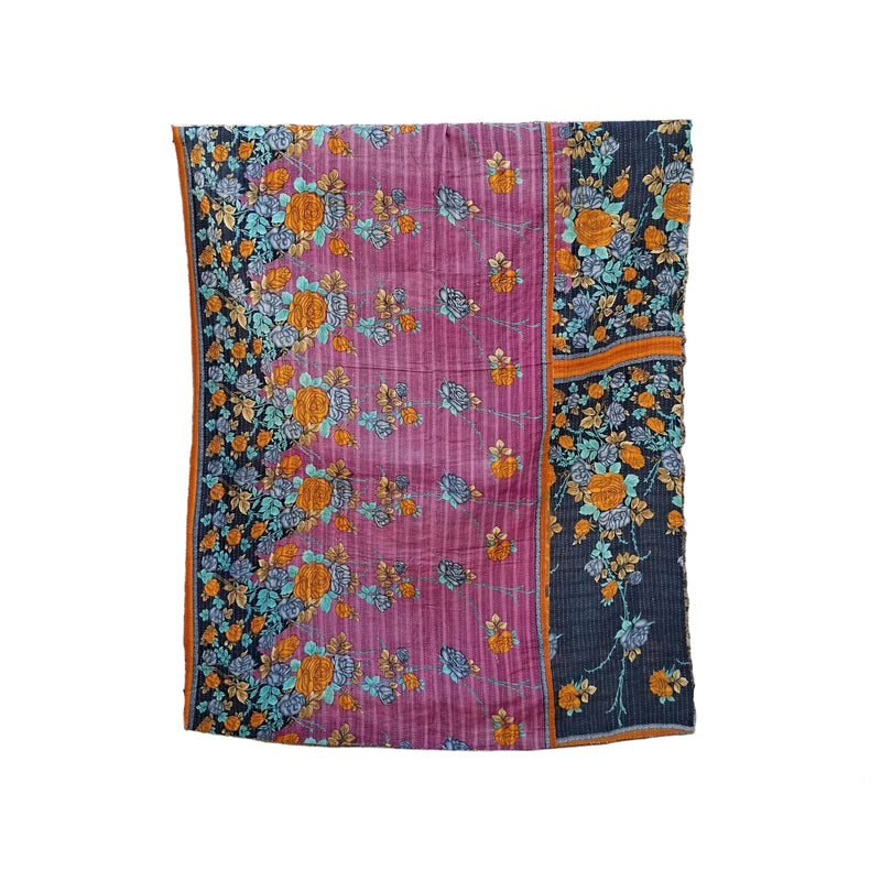 kantha throw with a floral design of blue, purple and orange