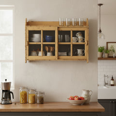 yellow wall glass cabinet in a kitchen