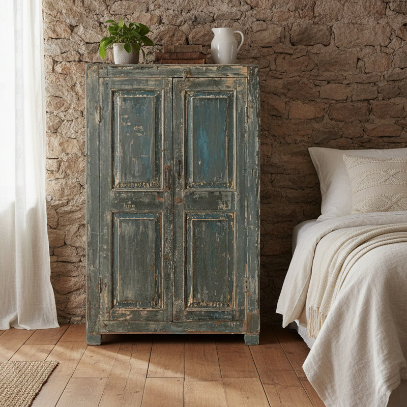 vintage wood cabinet with blue doors in a rustic bedroom