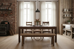 reclaimed wood dining table in a kitchen