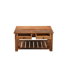 A rustic wooden coffee table with two open drawers and a slatted lower shelf, shown on a plain white background.
