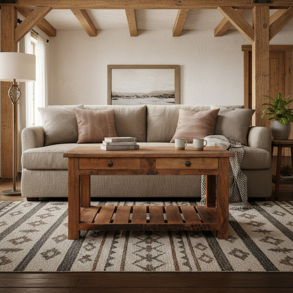 A rustic wooden coffee table with a single drawer, two small round metal knobs, and an open lower shelf, shown in a living room