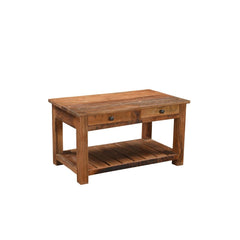A rustic wooden coffee table with a single drawer, two small round metal knobs, and an open lower shelf, shown on a plain white background.