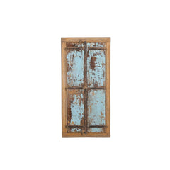 Upcycled window shutters painted in distressed blue with cast iron casing & lock