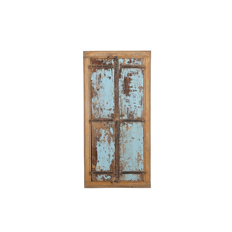 Upcycled window shutters painted in distressed blue with cast iron casing & lock