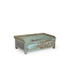 Vintage-style wooden chest with peeling paint with 2 drawers on a white background