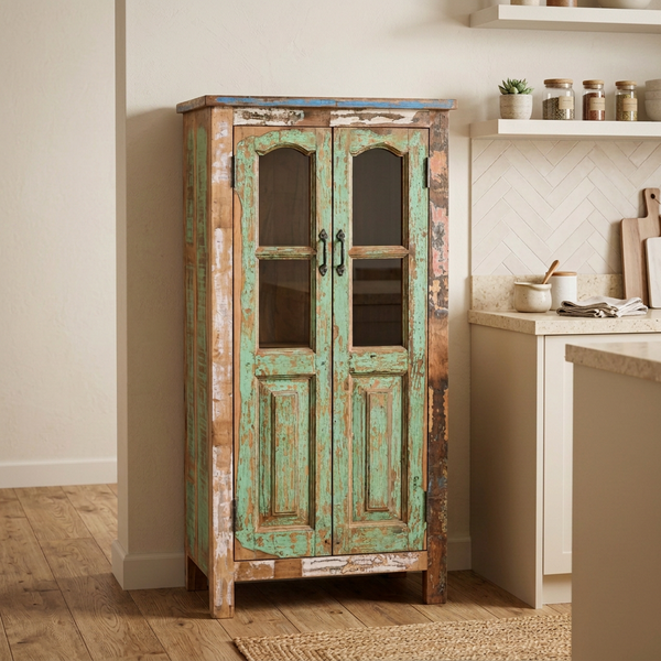 A rustic, distressed wooden cabinet with a weathered green and brown paint finish, featuring two glass-paneled doors and dark metal handles, in a kitchen.