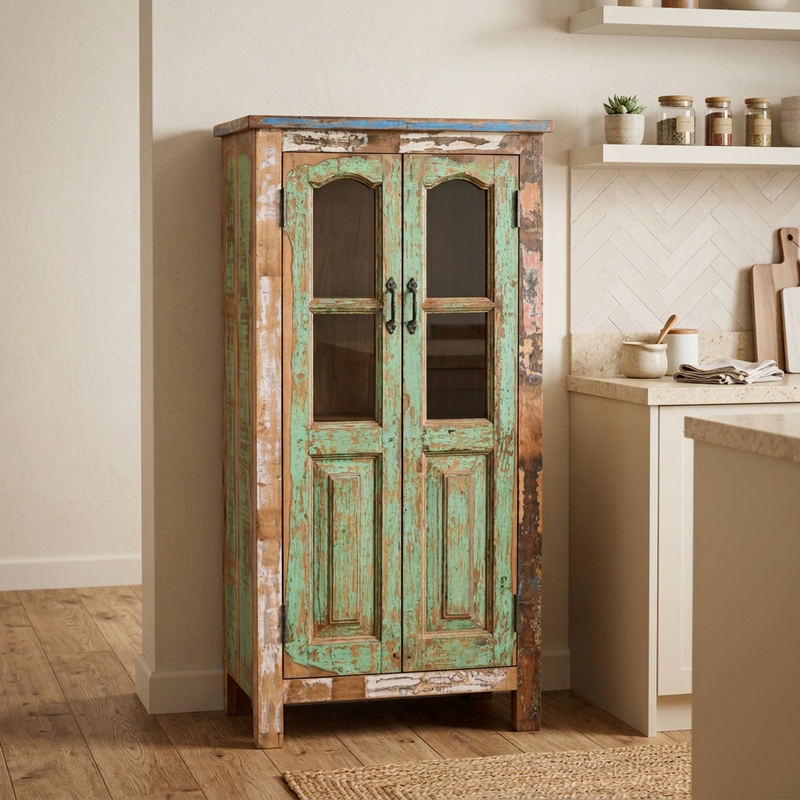 A rustic, distressed wooden cabinet with a weathered green and brown paint finish, featuring two glass-paneled doors and dark metal handles, in a kitchen.