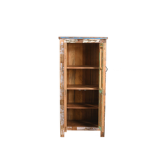 A tall, narrow wooden cabinet with a distressed, rustic finish. The cabinet features a single door with a small metal handle and four interior shelves, set against a plain white background.