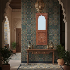 Wooden decorative panel with mirror in an oriental interior