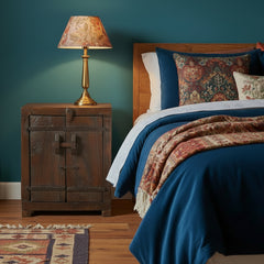 Wooden cabinet with a rustic design in an eclectic bedroom