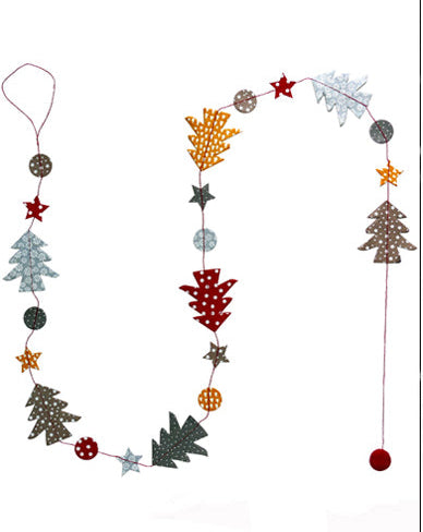 Two decorative garlands with colorful tree and star patterns on a white background.