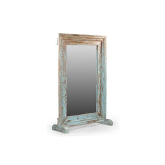 Vintage-style mirror with a weathered wooden frame on a white background