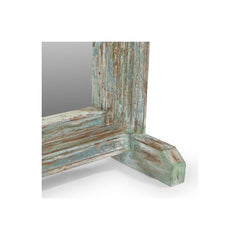 Reclaimed wood window frame with a distressed blue/green patina on a wood stand. Showing the detail of the stand.