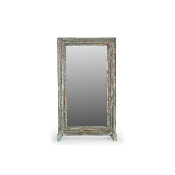 Reclaimed wood window frame with a distressed blue/green patina on a wood stand. 