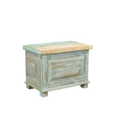 Wooden storage chest with a distressed finish on a white background