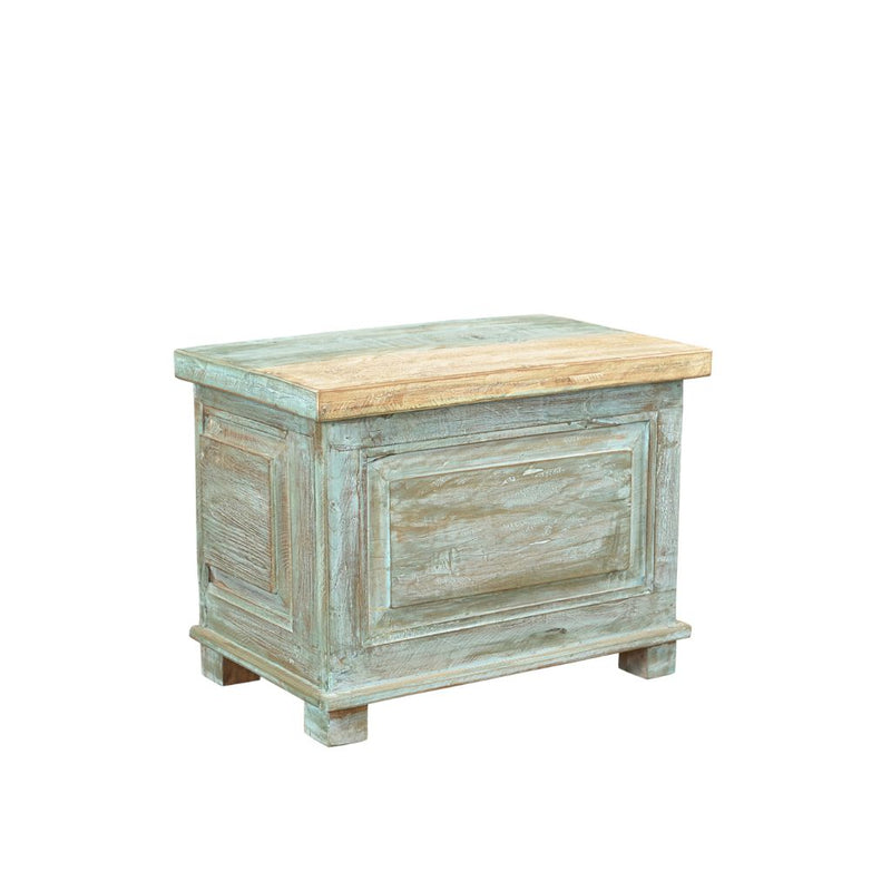Wooden storage chest with a distressed finish on a white background