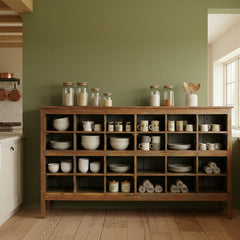 Wooden bookshelf with multiple shelves in a kitchen against a green wall