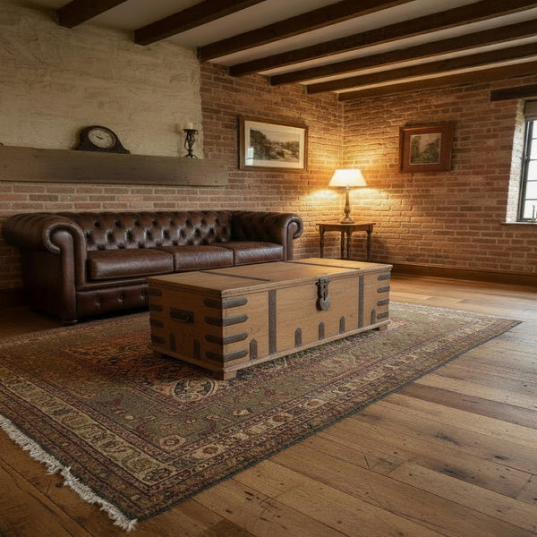 Vintage teak trunk in a rustic living room