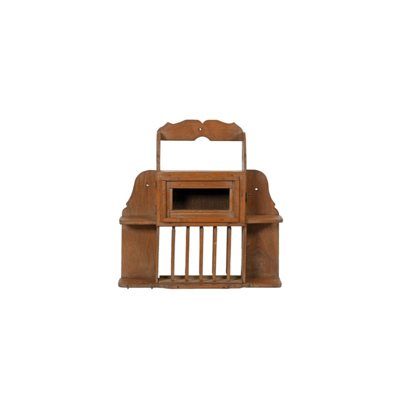 Wall teak cabinet with a vertical rack and 2 open compartments on each side. Above is another compartment with a glass door.