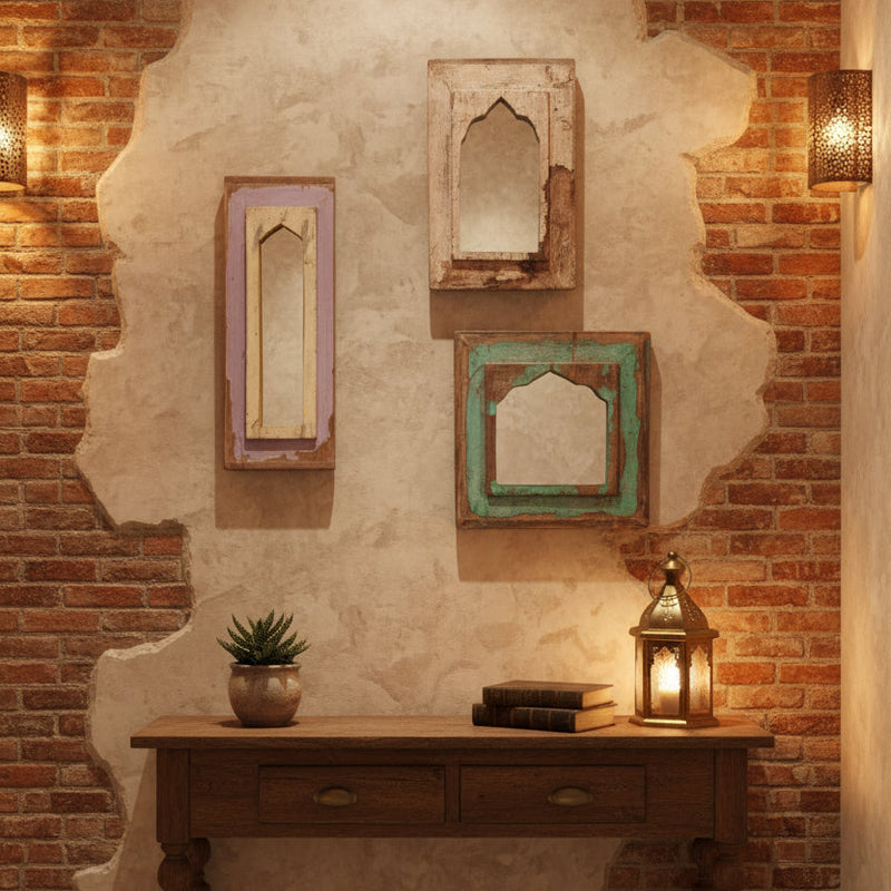 Three distressed wooden picture frames with arched cutouts, featuring pastel purple, beige, and mint green paint with visible wood grain and peeling finish, set in a rustc hall