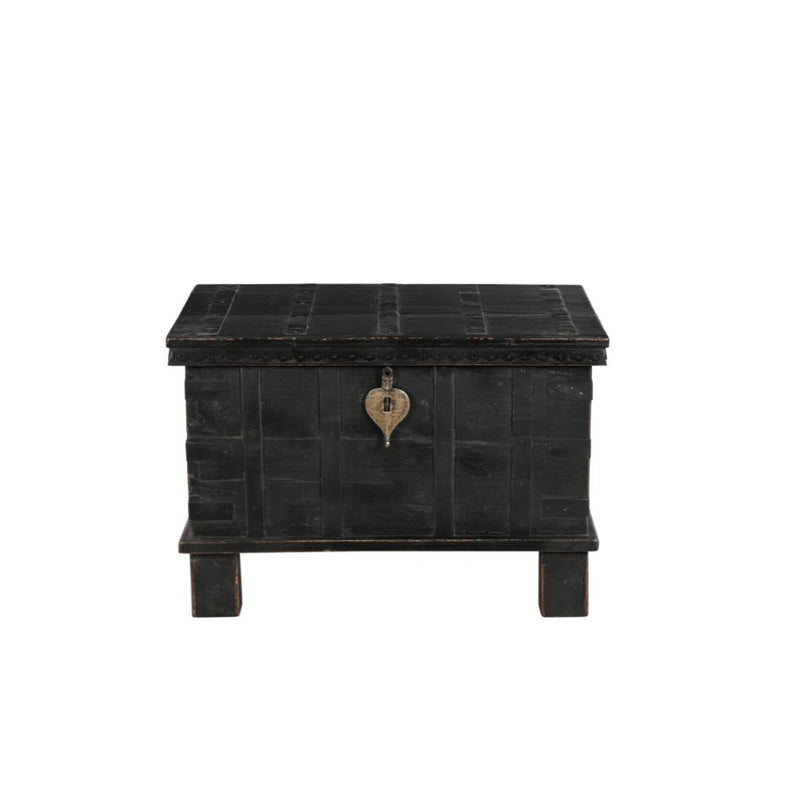 Small trunk black with 4 short legs and brass lock front view