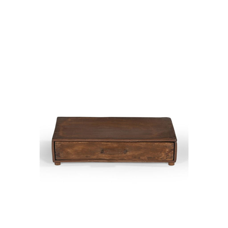 Natural wood drawer box with wood handle, showing the front