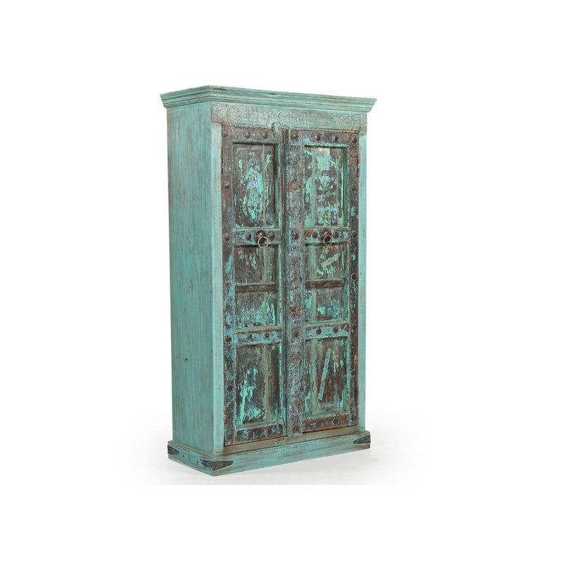 Large Blue Cabinet made of reclaimed Indian doors which feature 3 panels & original metal casing & hardware. Showing the side view.