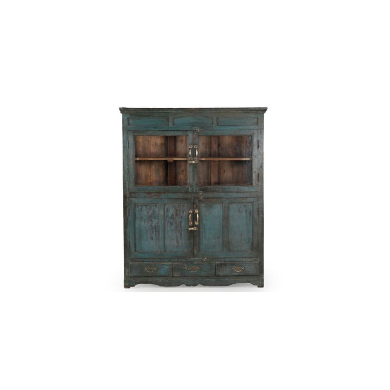 Vintage-style wooden cabinet with distressed blue finish on a white background